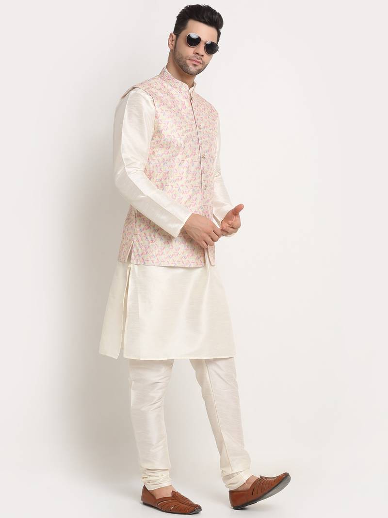 cream silk blend kurta and churidar with thread work sequins yellow nehru jacket
