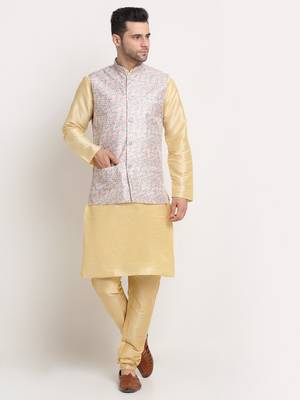 Fawn Silk Blend Kurta and churidar with Thread Work sequence Green Nehru jacket 1