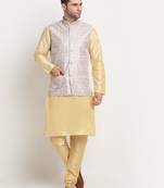 Fawn Silk Blend Kurta and churidar with Thread Work sequence Green Nehru jacket