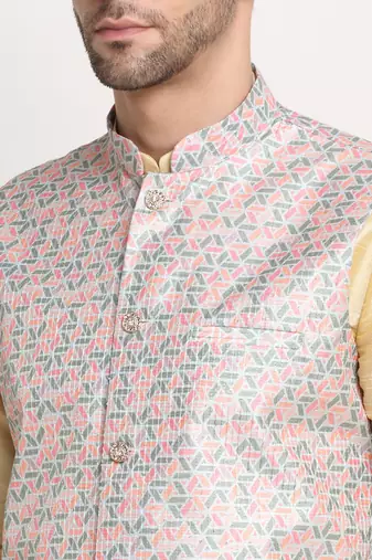 Fawn Silk Blend Kurta and churidar with Thread Work sequence Green Nehru jacket