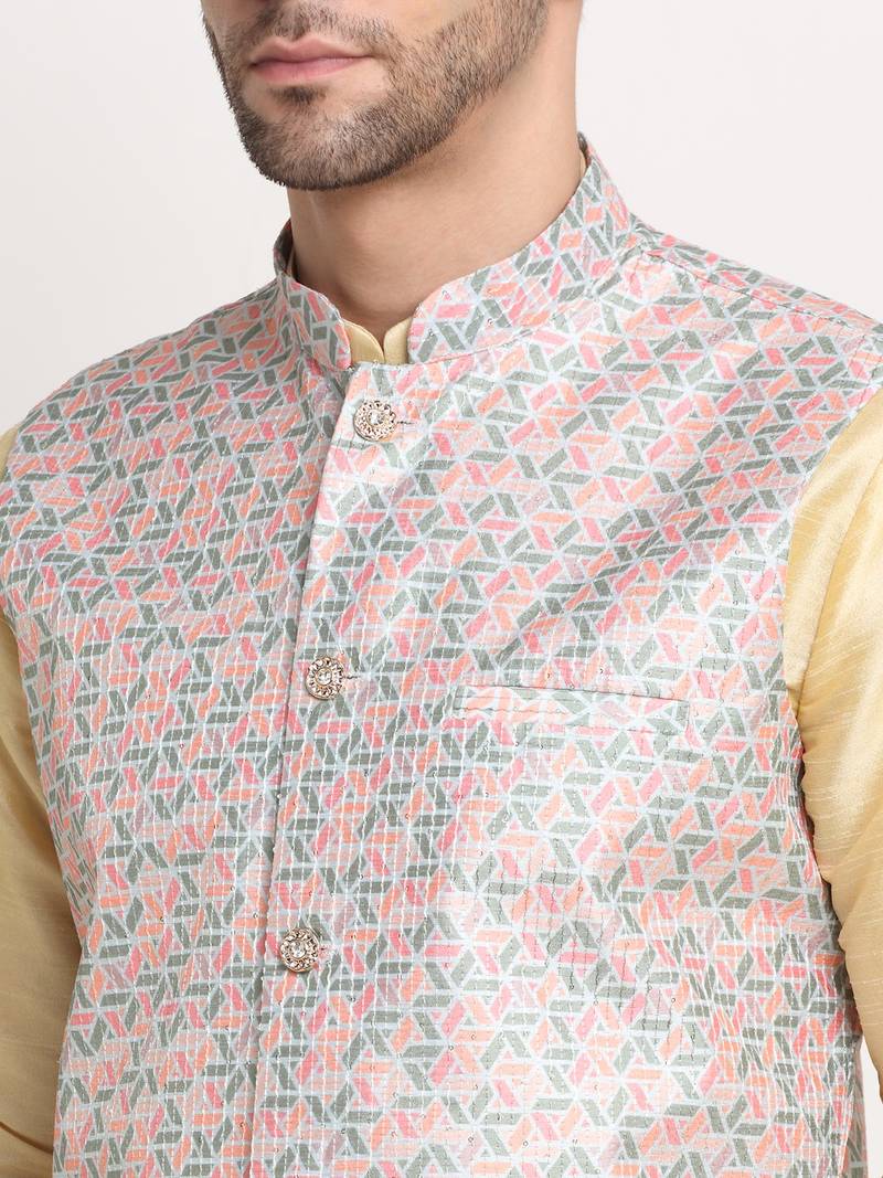 Fawn Silk Blend Kurta and churidar with Thread Work sequence Green Nehru jacket