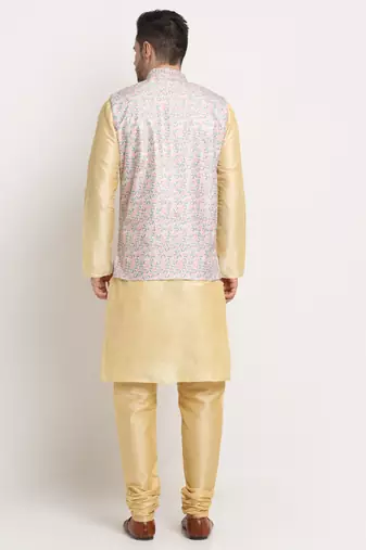 Fawn Silk Blend Kurta and churidar with Thread Work sequence Green Nehru jacket