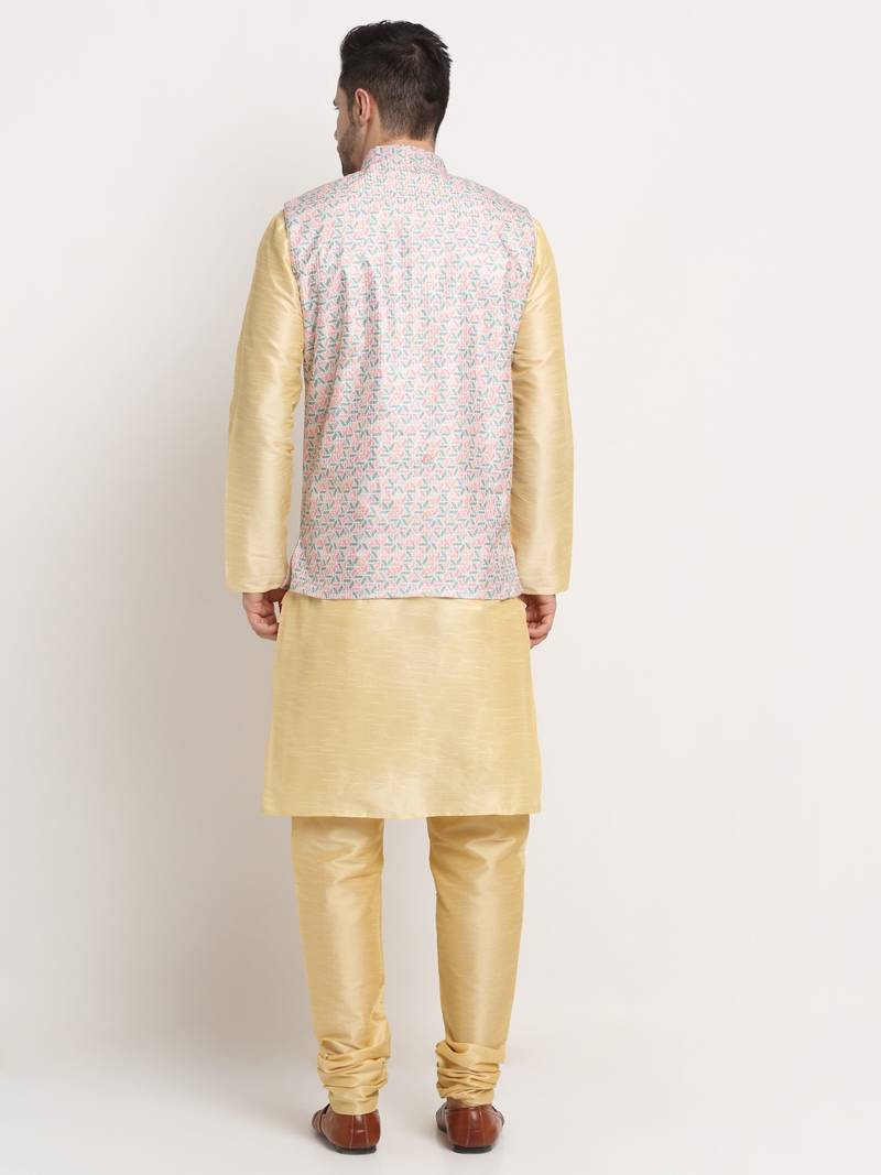 Fawn Silk Blend Kurta and churidar with Thread Work sequence Green Nehru jacket