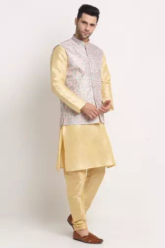 Fawn Silk Blend Kurta and churidar with Thread Work sequence Green Nehru jacket