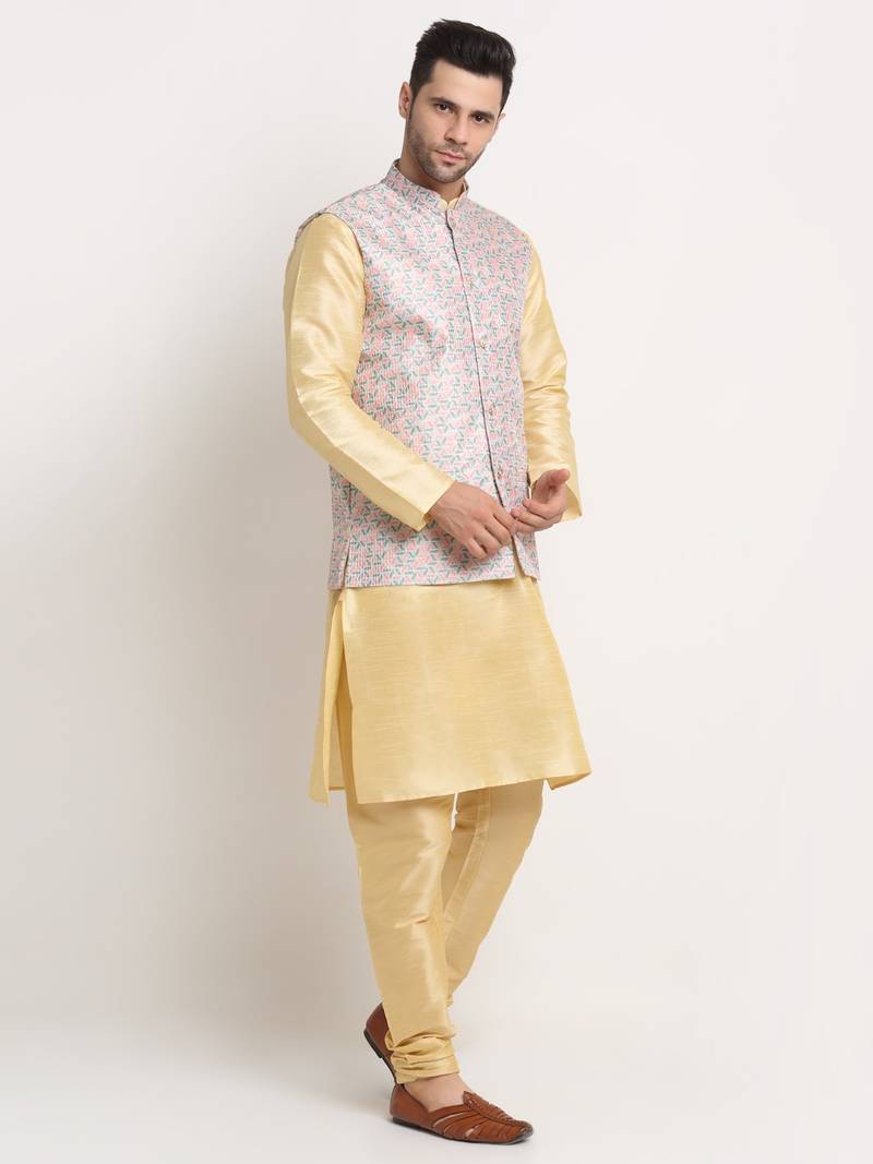 Fawn Silk Blend Kurta and churidar with Thread Work sequence Green Nehru jacket