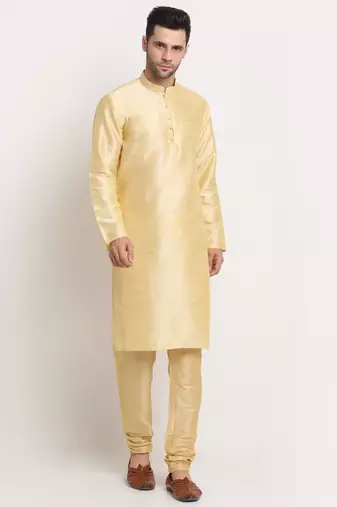 Fawn Silk Blend Kurta and churidar with Thread Work sequence Green Nehru jacket