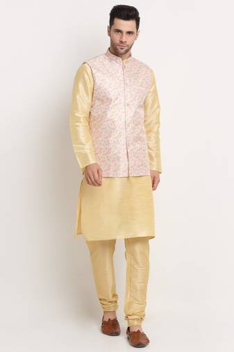 Fawn Silk Blend Kurta and churidar with Thread Work sequence Yellow Nehru jacket