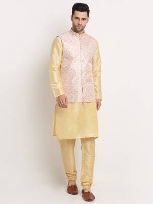 Fawn Silk Blend Kurta and churidar with Thread Work sequence Yellow Nehru jacket 1