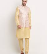 Fawn Silk Blend Kurta and churidar with Thread Work sequence Yellow Nehru jacket