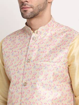 Fawn Silk Blend Kurta and churidar with Thread Work sequence Yellow Nehru jacket 2