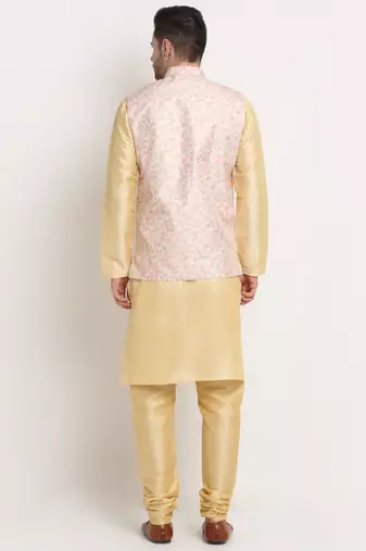 Fawn Silk Blend Kurta and churidar with Thread Work sequence Yellow Nehru jacket