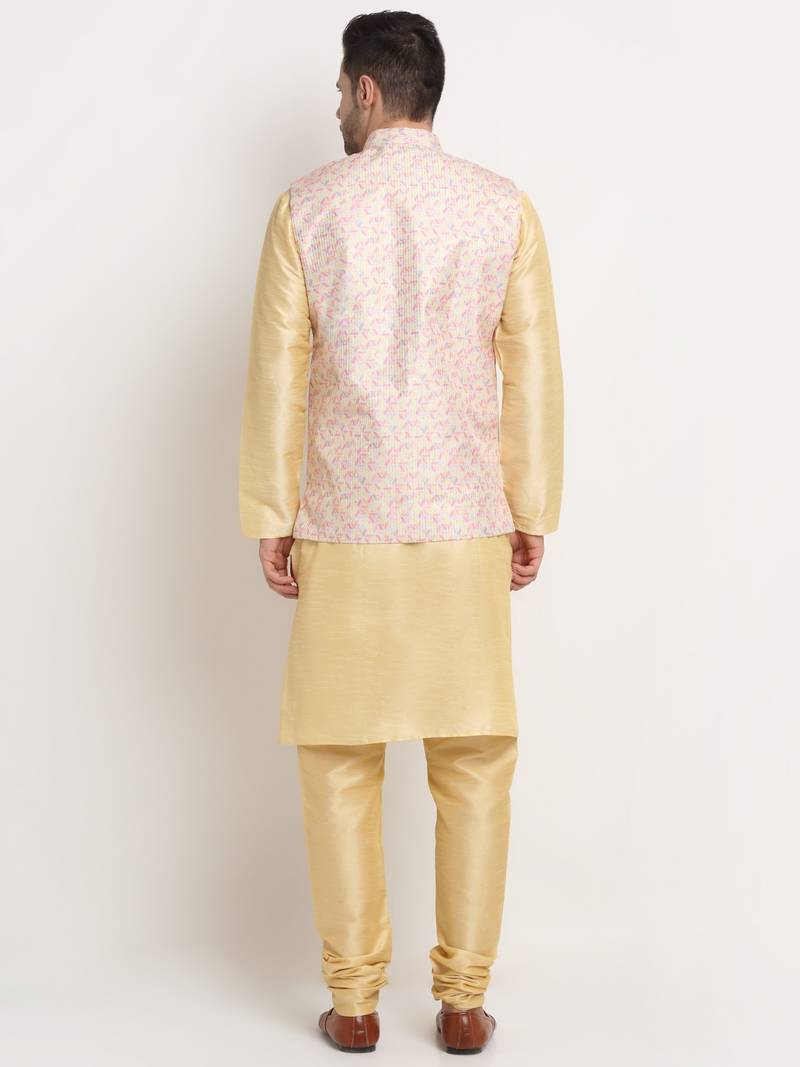 Fawn Silk Blend Kurta and churidar with Thread Work sequence Yellow Nehru jacket