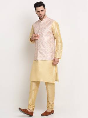 Fawn Silk Blend Kurta and churidar with Thread Work sequence Yellow Nehru jacket 4