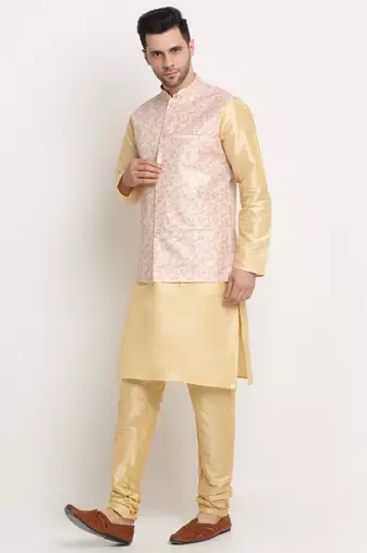 Fawn Silk Blend Kurta and churidar with Thread Work sequence Yellow Nehru jacket