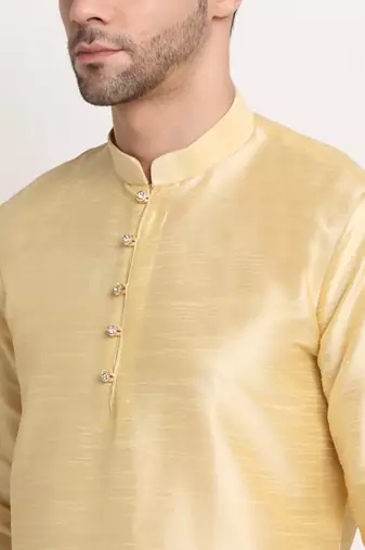 Fawn Silk Blend Kurta and churidar with Thread Work sequence Yellow Nehru jacket