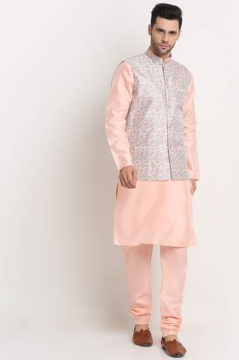 Peach Silk Blend Kurta and churidar with Thread Work sequence Green Nehru jacket