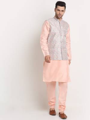 Peach Silk Blend Kurta and churidar with Thread Work sequence Green Nehru jacket 1