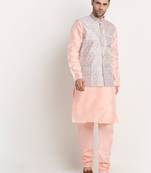 Peach Silk Blend Kurta and churidar with Thread Work sequence Green Nehru jacket