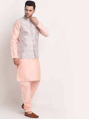 Peach Silk Blend Kurta and churidar with Thread Work sequence Green Nehru jacket 2