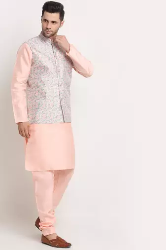 Peach Silk Blend Kurta and churidar with Thread Work sequence Green Nehru jacket