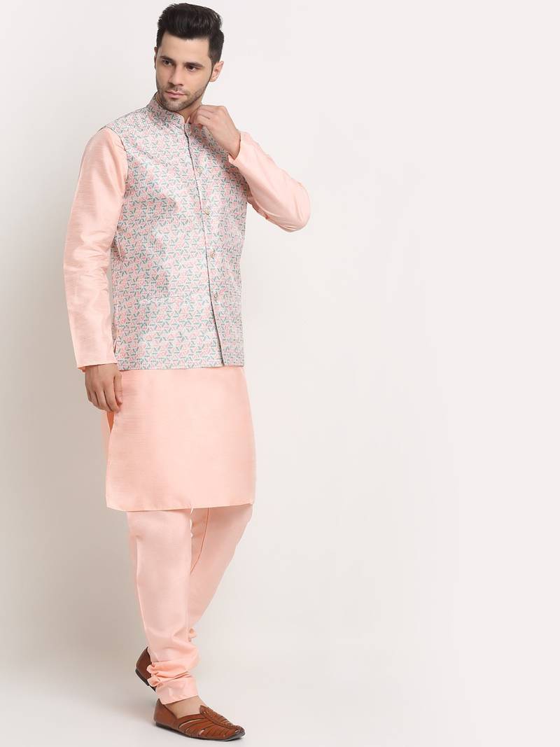 Peach Silk Blend Kurta and churidar with Thread Work sequence Green Nehru jacket
