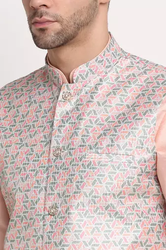Peach Silk Blend Kurta and churidar with Thread Work sequence Green Nehru jacket