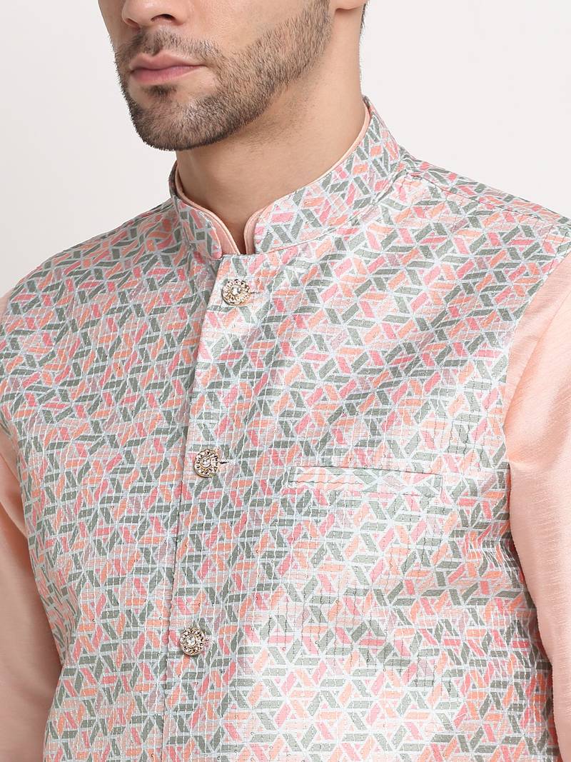 Peach Silk Blend Kurta and churidar with Thread Work sequence Green Nehru jacket