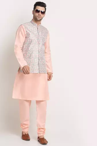 Peach Silk Blend Kurta and churidar with Thread Work sequence Green Nehru jacket