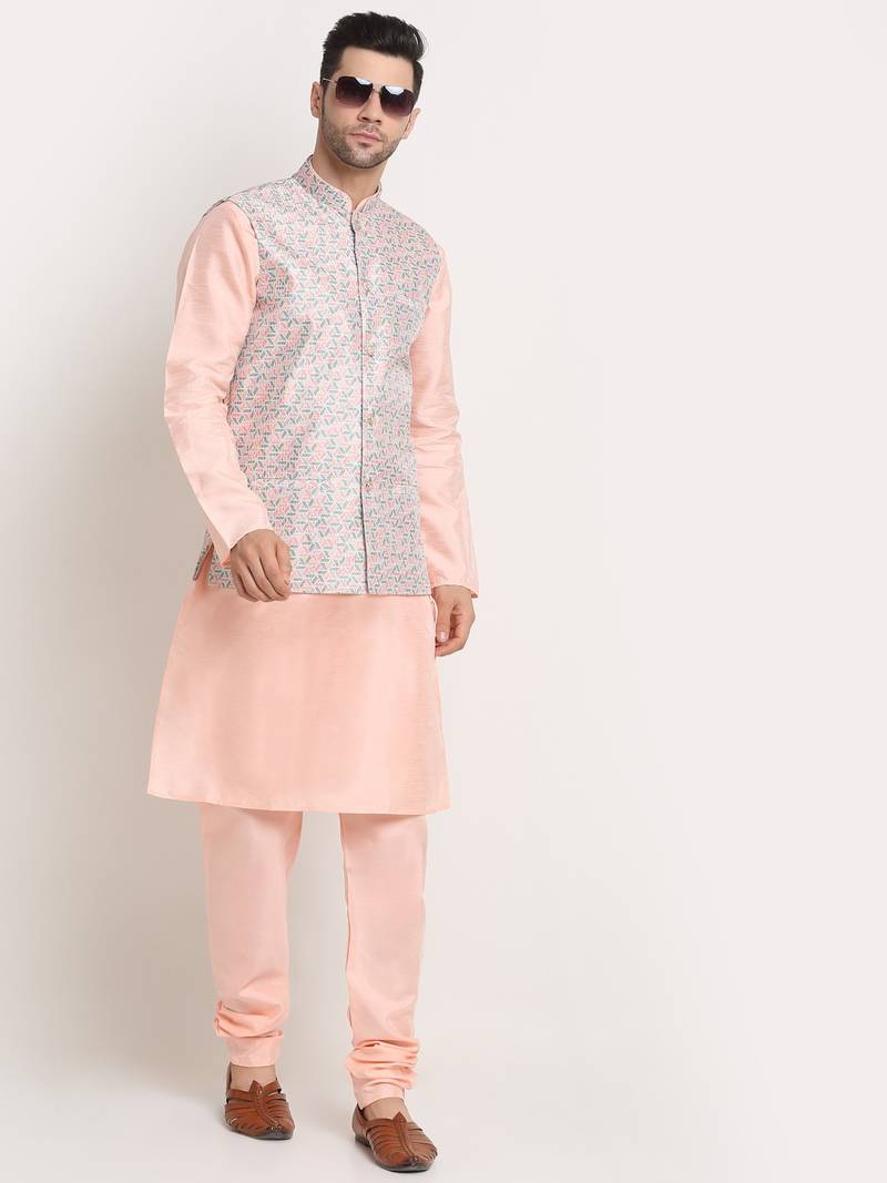 Peach Silk Blend Kurta and churidar with Thread Work sequence Green Nehru jacket