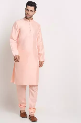 Peach Silk Blend Kurta and churidar with Thread Work sequence Green Nehru jacket