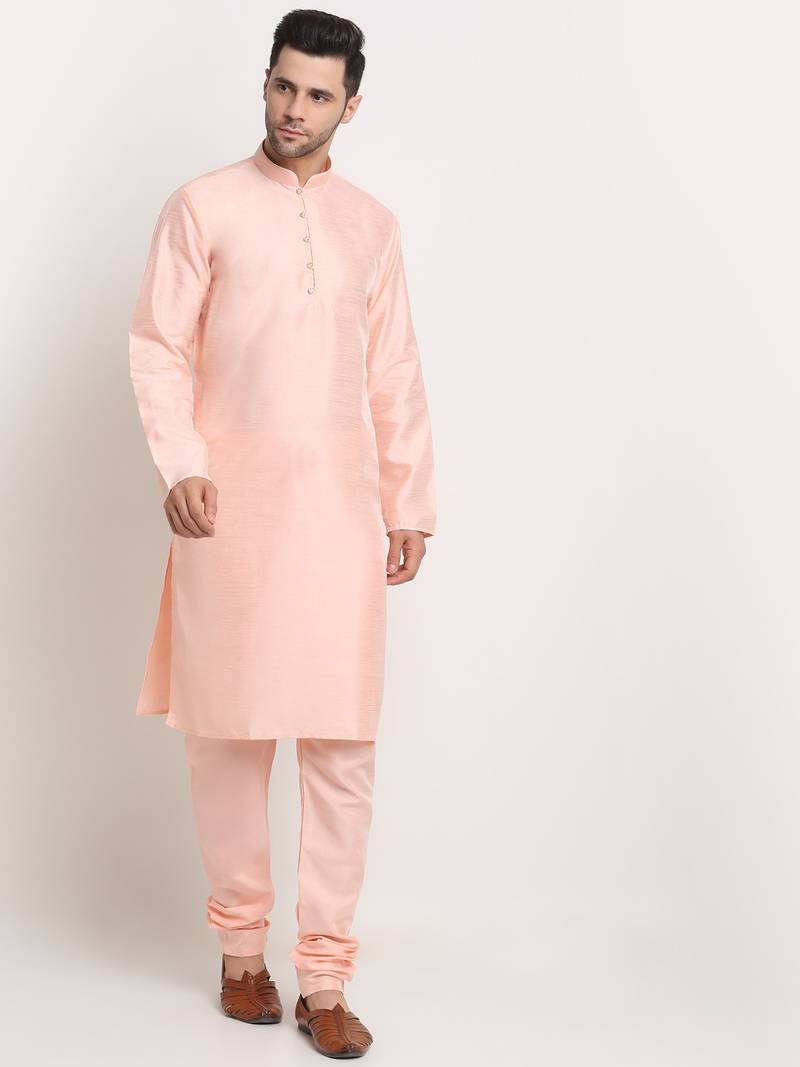 Peach Silk Blend Kurta and churidar with Thread Work sequence Green Nehru jacket