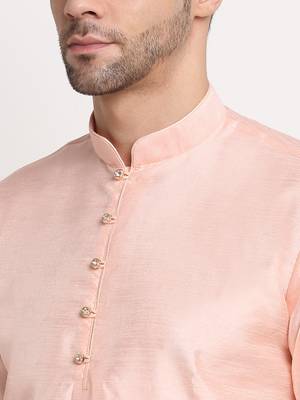 Peach Silk Blend Kurta and churidar with Thread Work sequence Green Nehru jacket 7