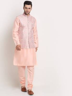 Peach Silk Blend Kurta and churidar with Thread Work sequence Pink Nehru jacket 1