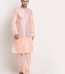 Peach Silk Blend Kurta and churidar with Thread Work sequence Pink Nehru jacket