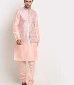 Peach Silk Blend Kurta and churidar with Thread Work sequence Pink Nehru jacket