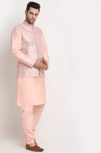 Peach Silk Blend Kurta and churidar with Thread Work sequence Pink Nehru jacket