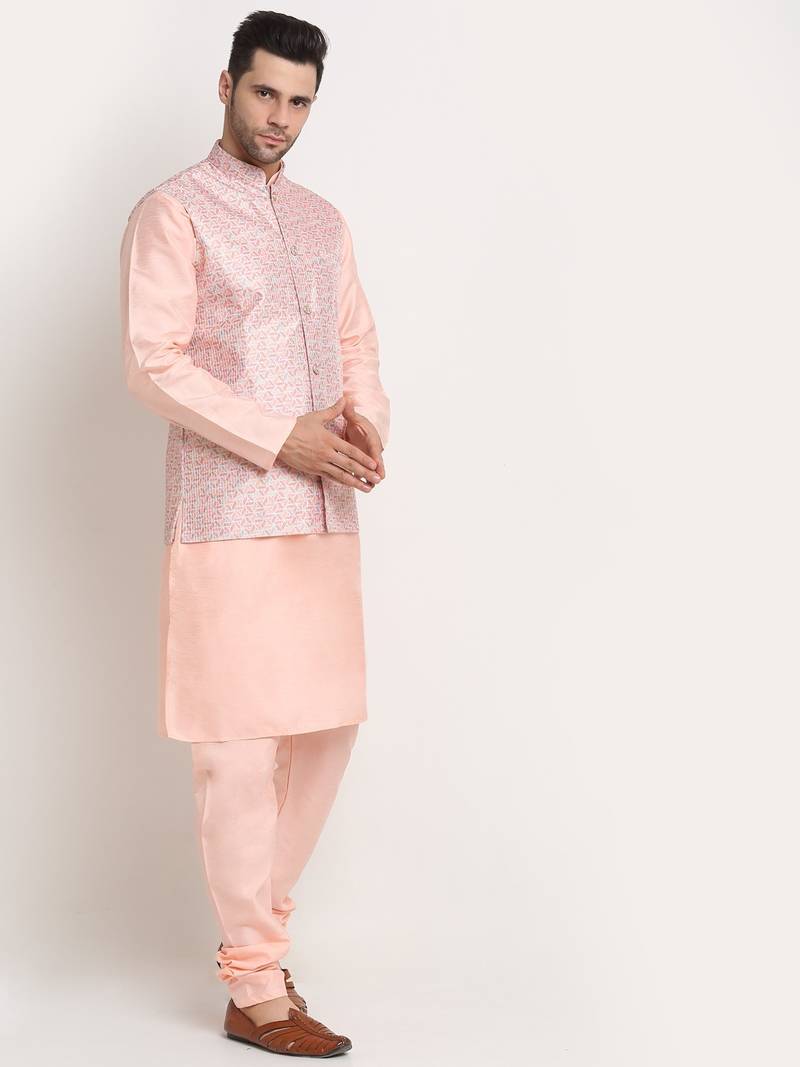 Peach Silk Blend Kurta and churidar with Thread Work sequence Pink Nehru jacket