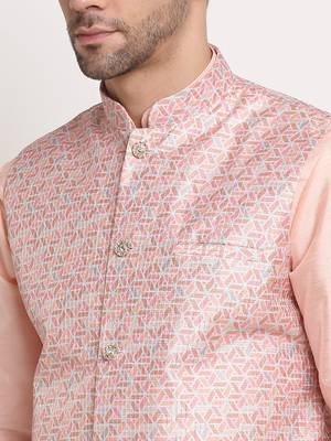Peach Silk Blend Kurta and churidar with Thread Work sequence Pink Nehru jacket 3