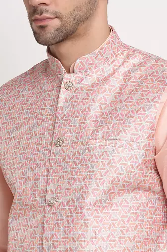 Peach Silk Blend Kurta and churidar with Thread Work sequence Pink Nehru jacket