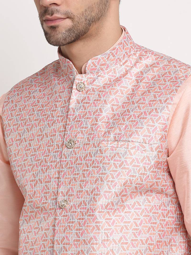 Peach Silk Blend Kurta and churidar with Thread Work sequence Pink Nehru jacket