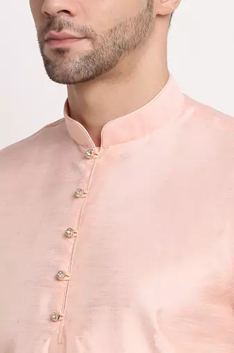 Peach Silk Blend Kurta and churidar with Thread Work sequence Pink Nehru jacket