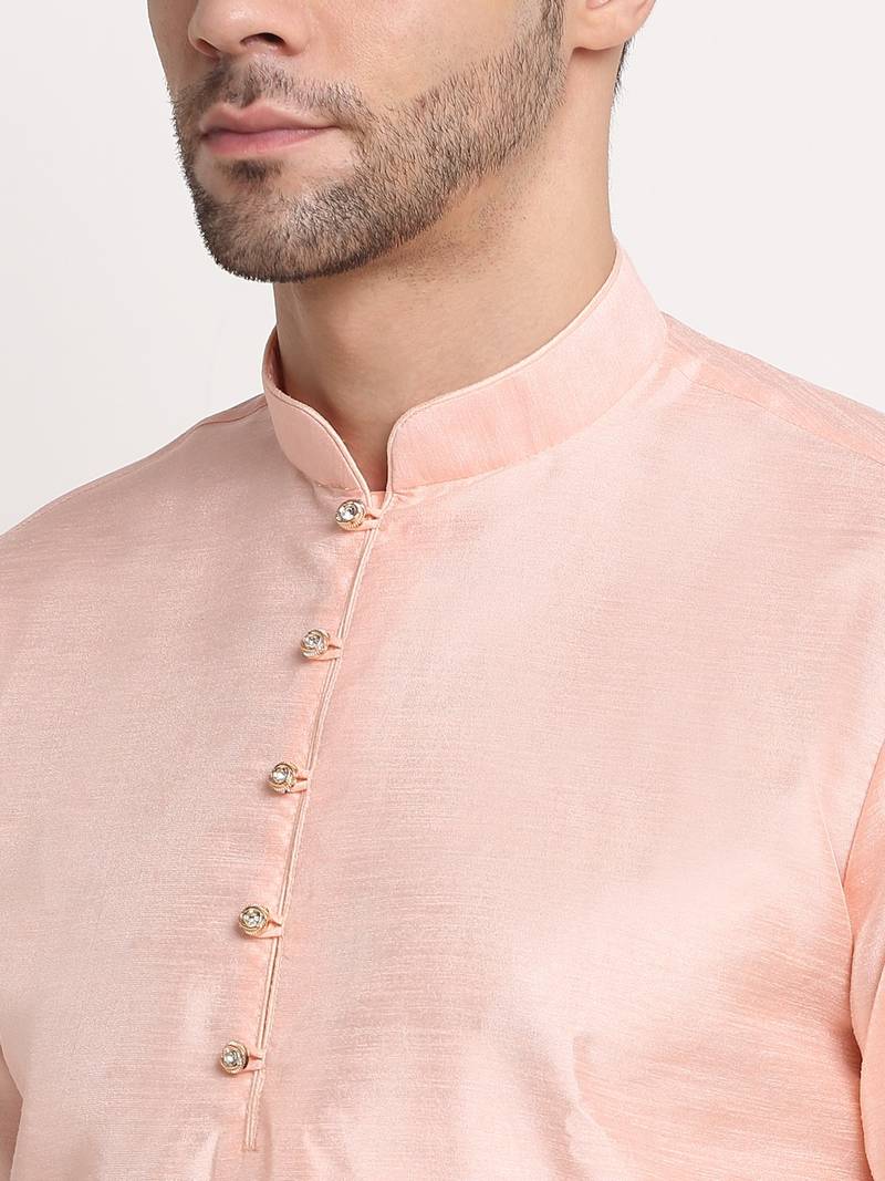 Peach Silk Blend Kurta and churidar with Thread Work sequence Pink Nehru jacket