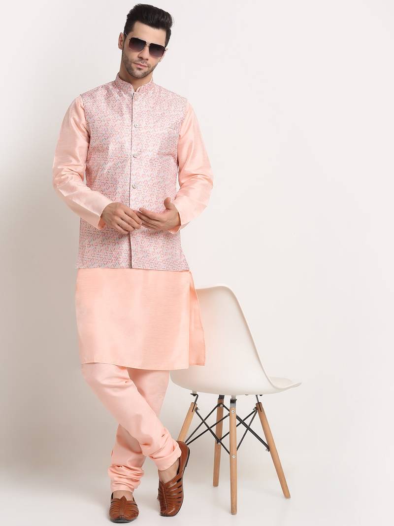 Peach Silk Blend Kurta and churidar with Thread Work sequence Pink Nehru jacket
