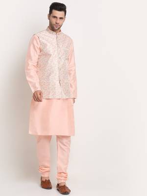 Peach Silk Blend Kurta and churidar with Thread Work sequence Yellow Nehru jacket 1