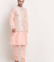 Peach Silk Blend Kurta and churidar with Thread Work sequence Yellow Nehru jacket