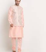 Peach Silk Blend Kurta and churidar with Thread Work sequence Yellow Nehru jacket