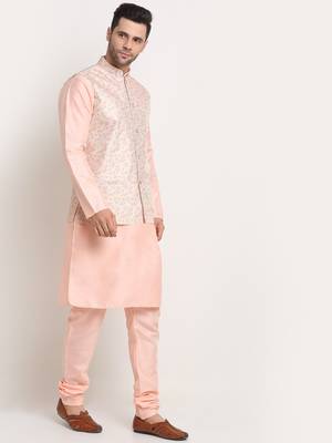Peach Silk Blend Kurta and churidar with Thread Work sequence Yellow Nehru jacket 2