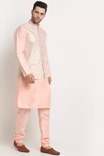 Peach Silk Blend Kurta and churidar with Thread Work sequence Yellow Nehru jacket