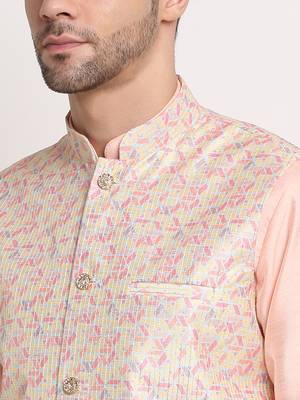 Peach Silk Blend Kurta and churidar with Thread Work sequence Yellow Nehru jacket 3