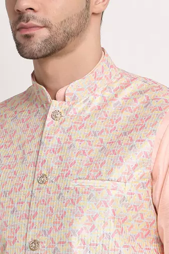 Peach Silk Blend Kurta and churidar with Thread Work sequence Yellow Nehru jacket